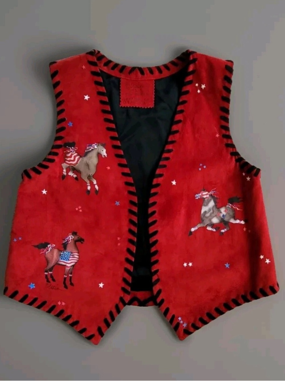 CRAIN Sz M Patriotic Red Suede Vest Ponies Southwest Hand Painted Art Horse